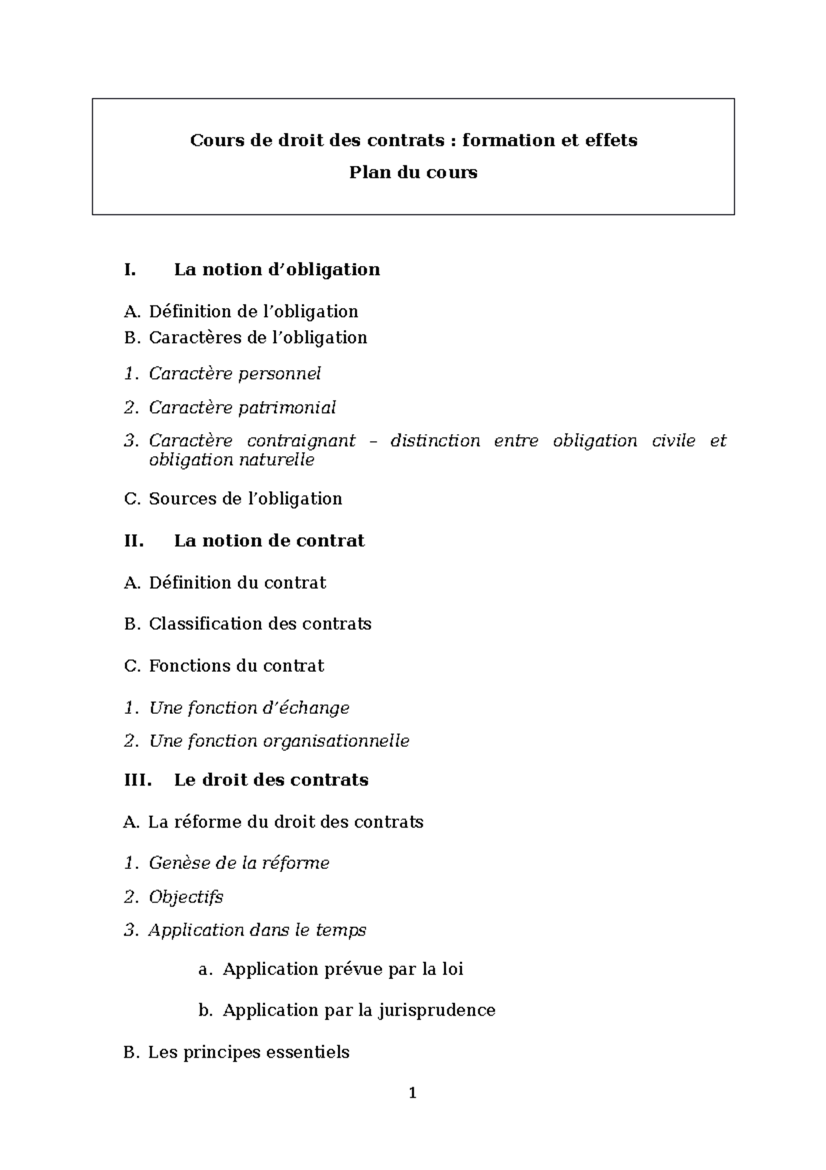 Plan du cours de droit des contrats 2023 2024-2 - Cours de droit des ...