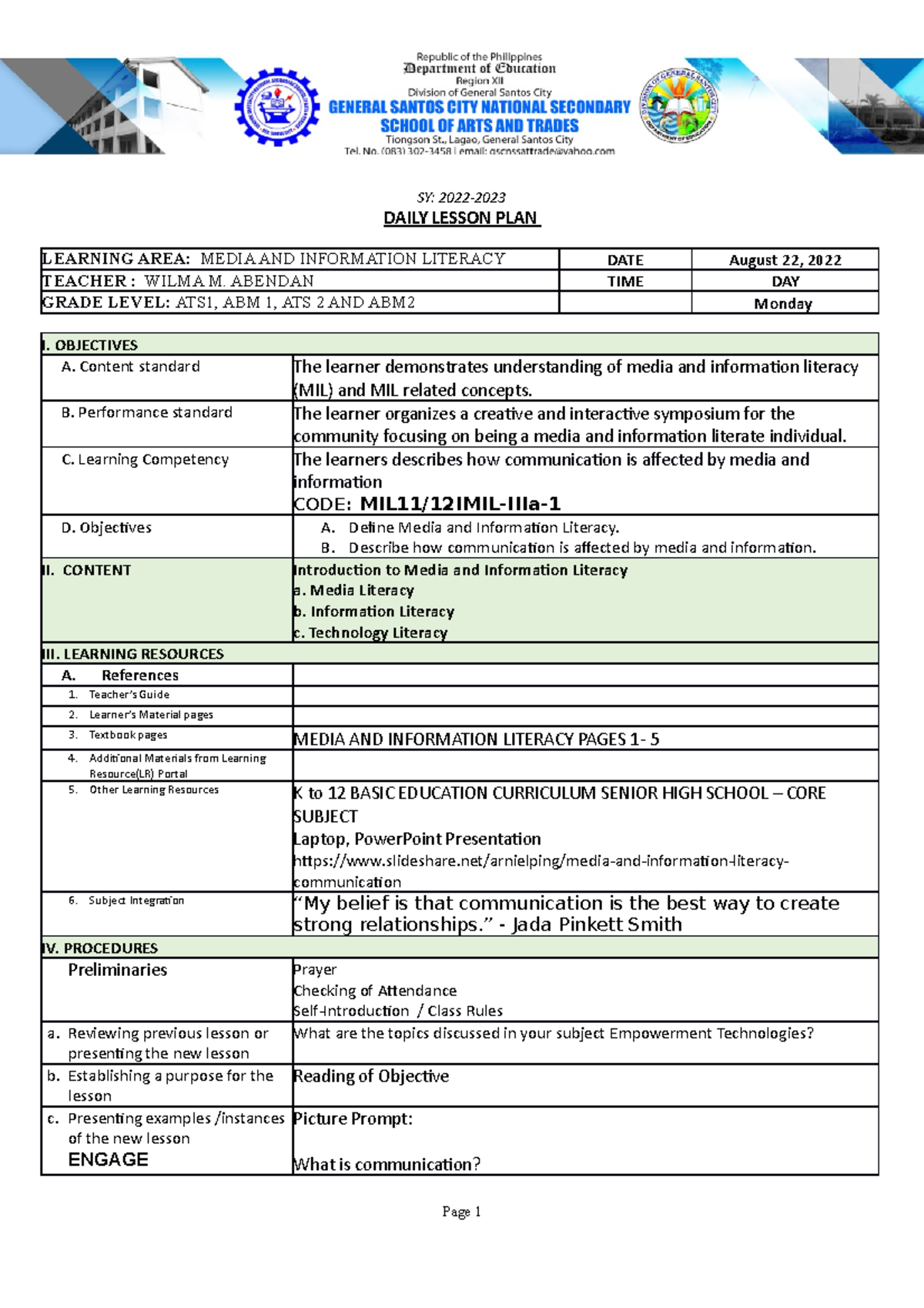 MIL Lesson Plan Week 1WENG - SY: 2022- DAILY LESSON PLAN LEARNING AREA ...