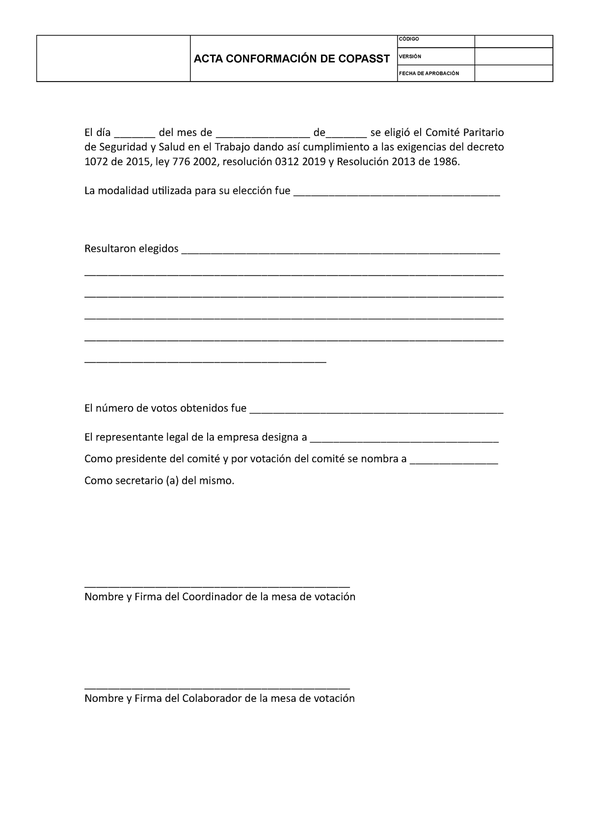 Acta Conformacion De Copasst - ACTA CONFORMACIÓN DE COPASST CÓDIGO ...