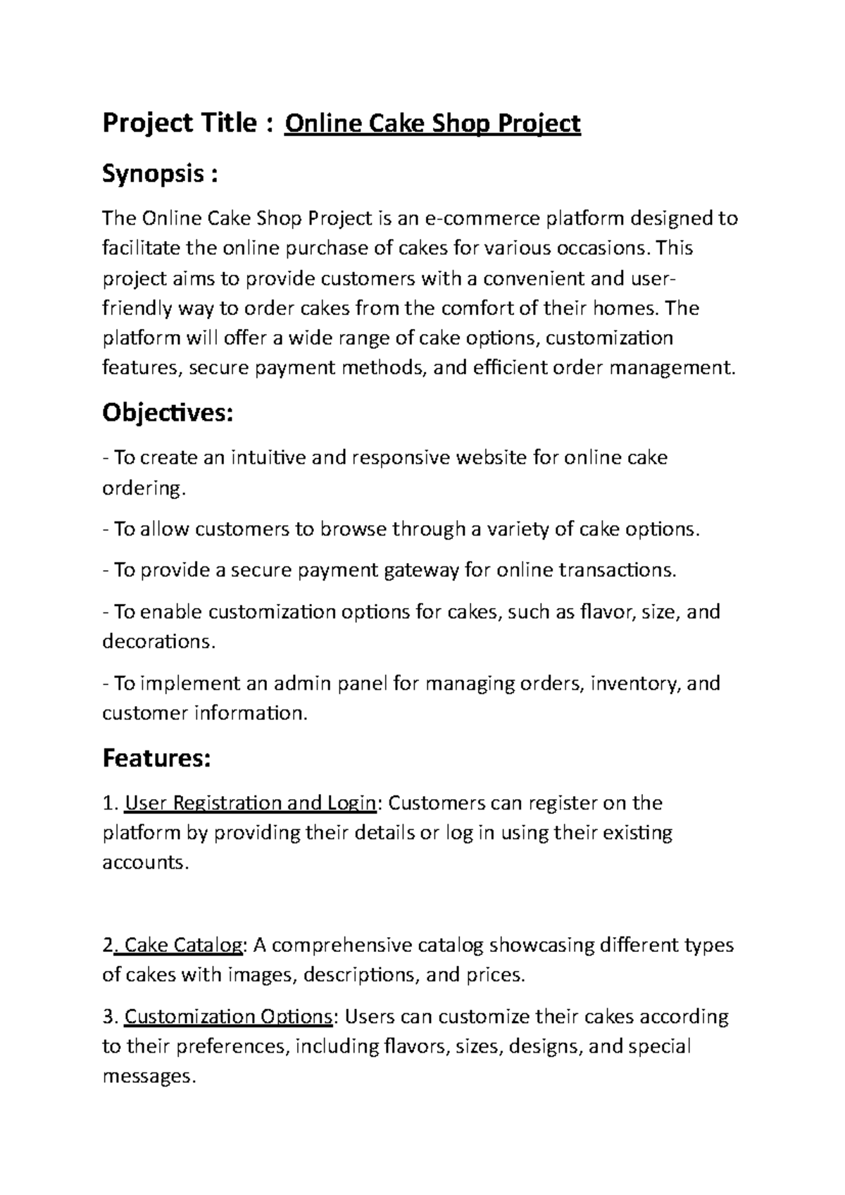Synopsis online cake shop Project Title Online Cake Shop Project