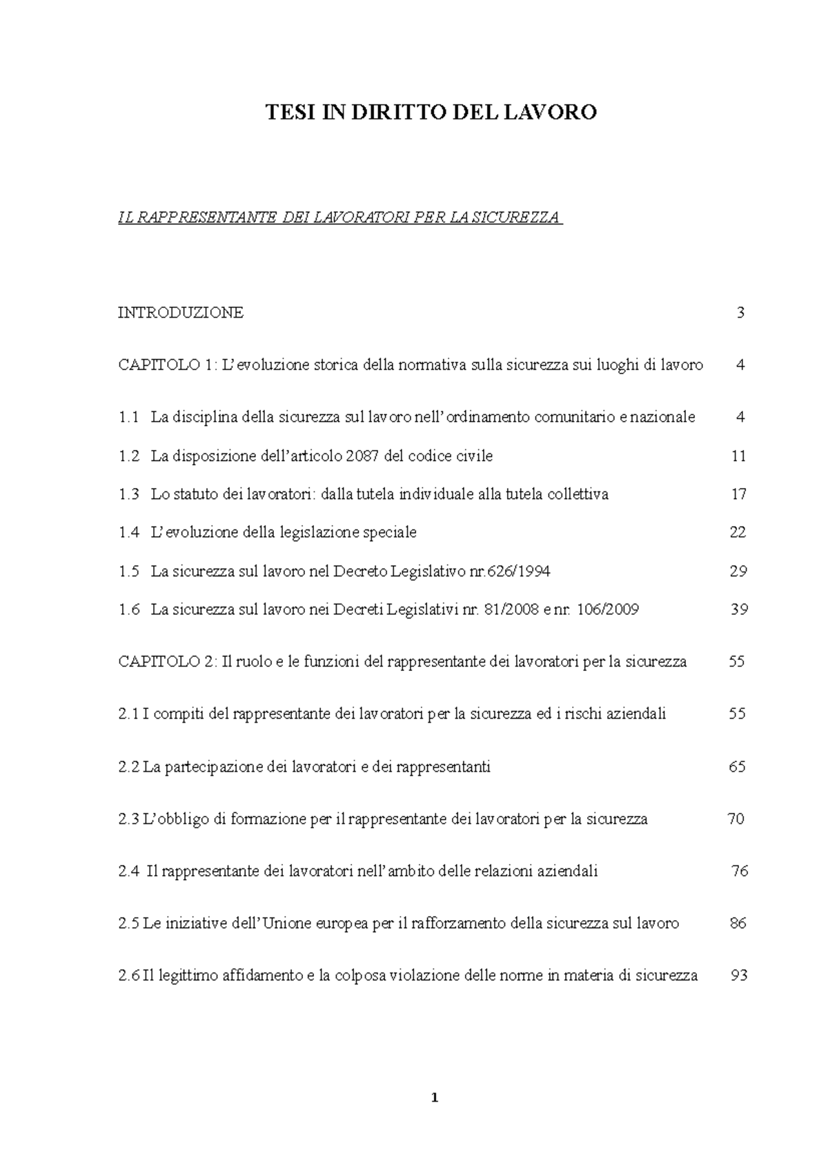IL Rappresentante DEI Lavoratori PER LA Sicurezza - TESI IN DIRITTO DEL ...
