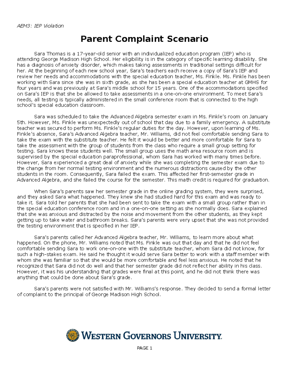 Parent Complaint Scenario AEM3 IEP Violation Parent Complaint