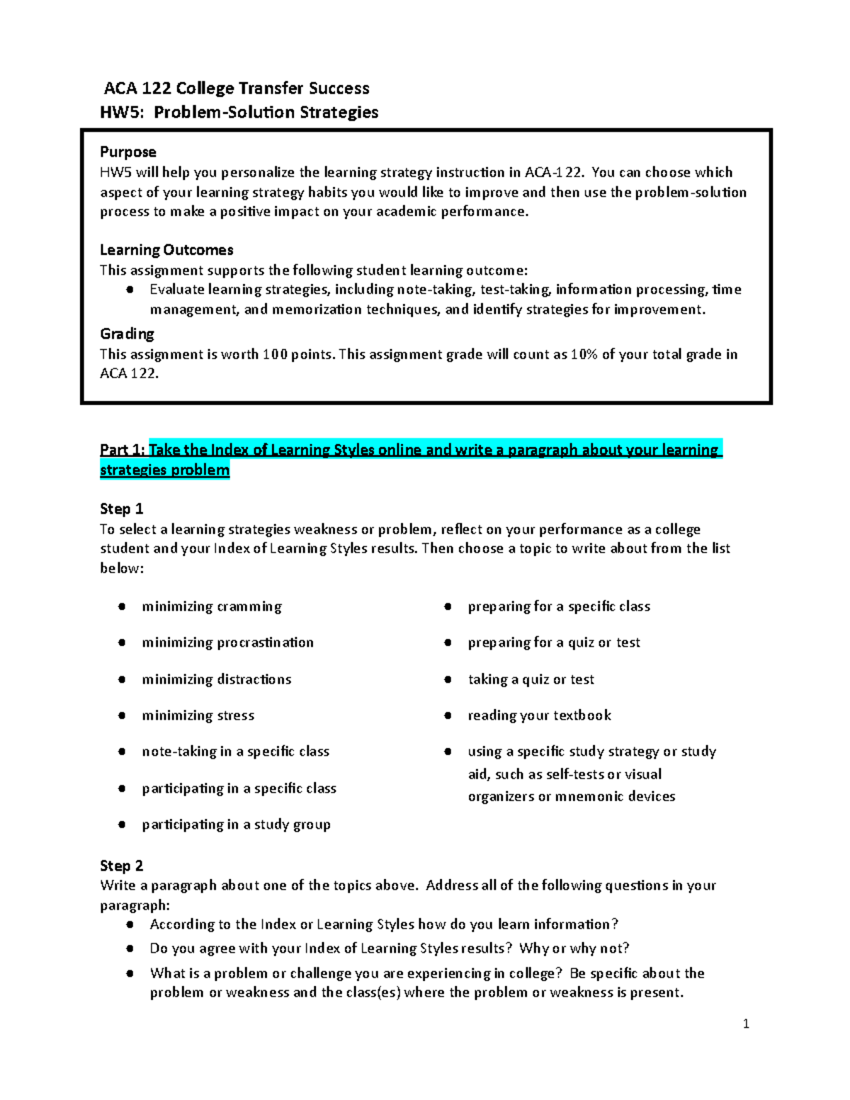 ACA 122 HW5 Problem Solution Strategies - ACA 122 College Transfer ...