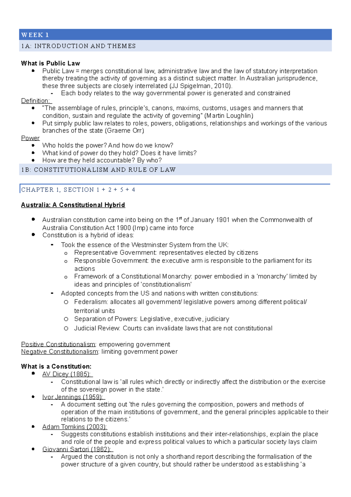 Law Summary - WEEK 1 1A: INTRODUCTION AND THEMES What is Public Law ...