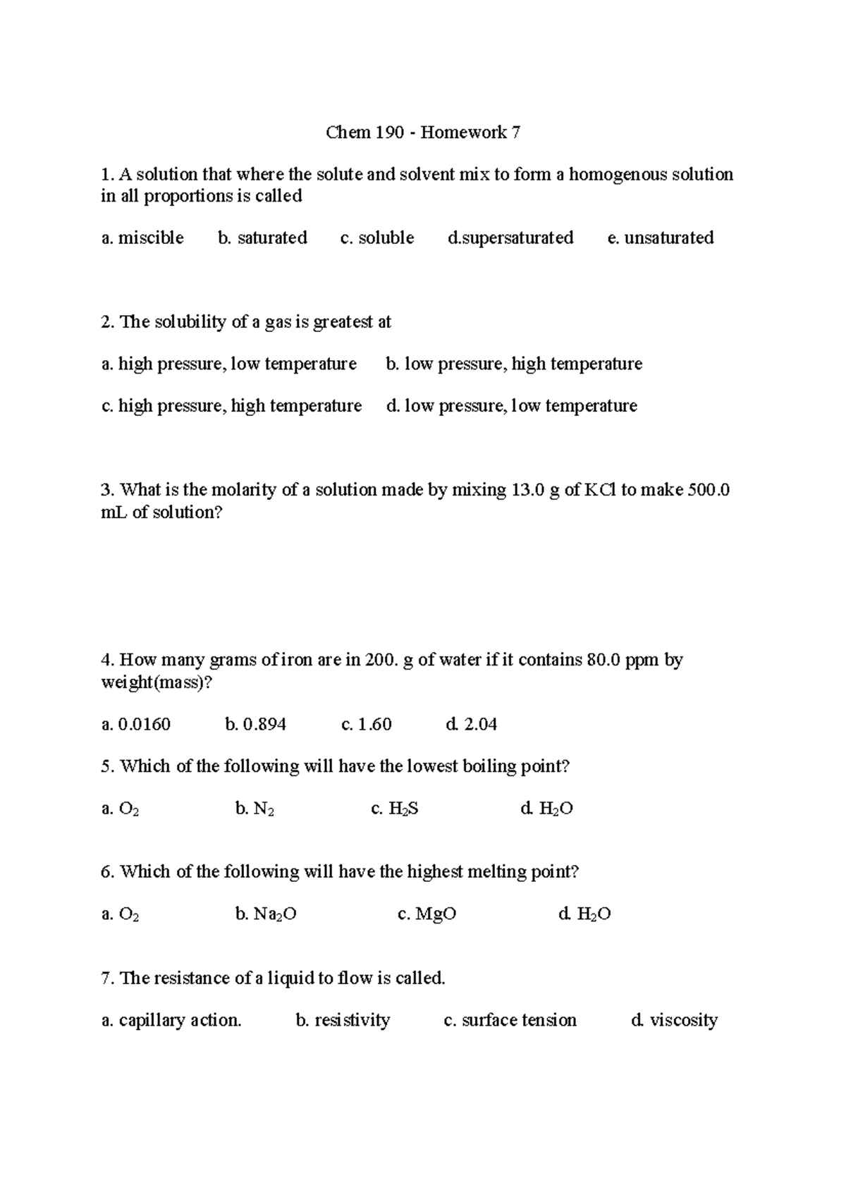 CHEM 1900 homework chapter 7 + solution - Chem 190 - Homework 7 A ...