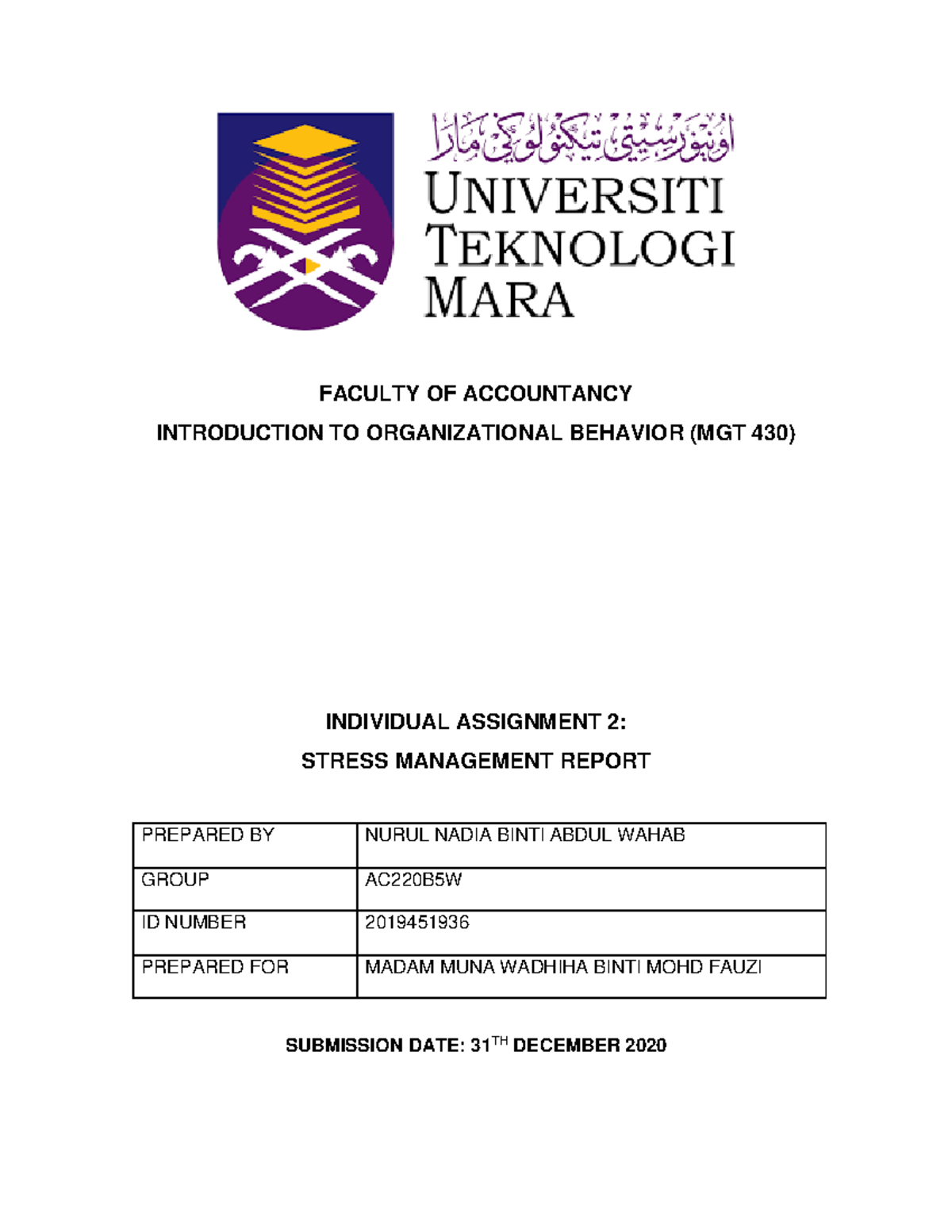 MGT 430 Individual Assignment 2 Stress Management Report ...