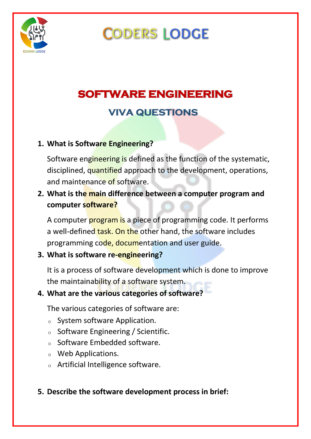 Software Engineering VIVA Questions Coders Lodge SOFTWARE ENGINEERING