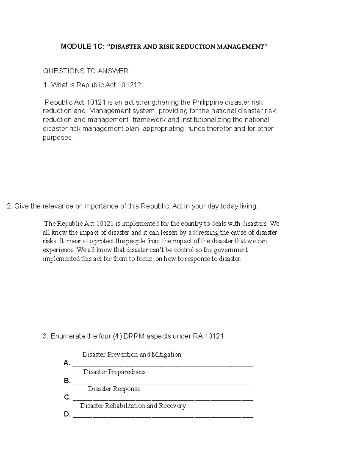 NSTP_Activity-DRRM - MODULE 1C: “DISASTER AND RISK REDUCTION MANAGEMENT ...