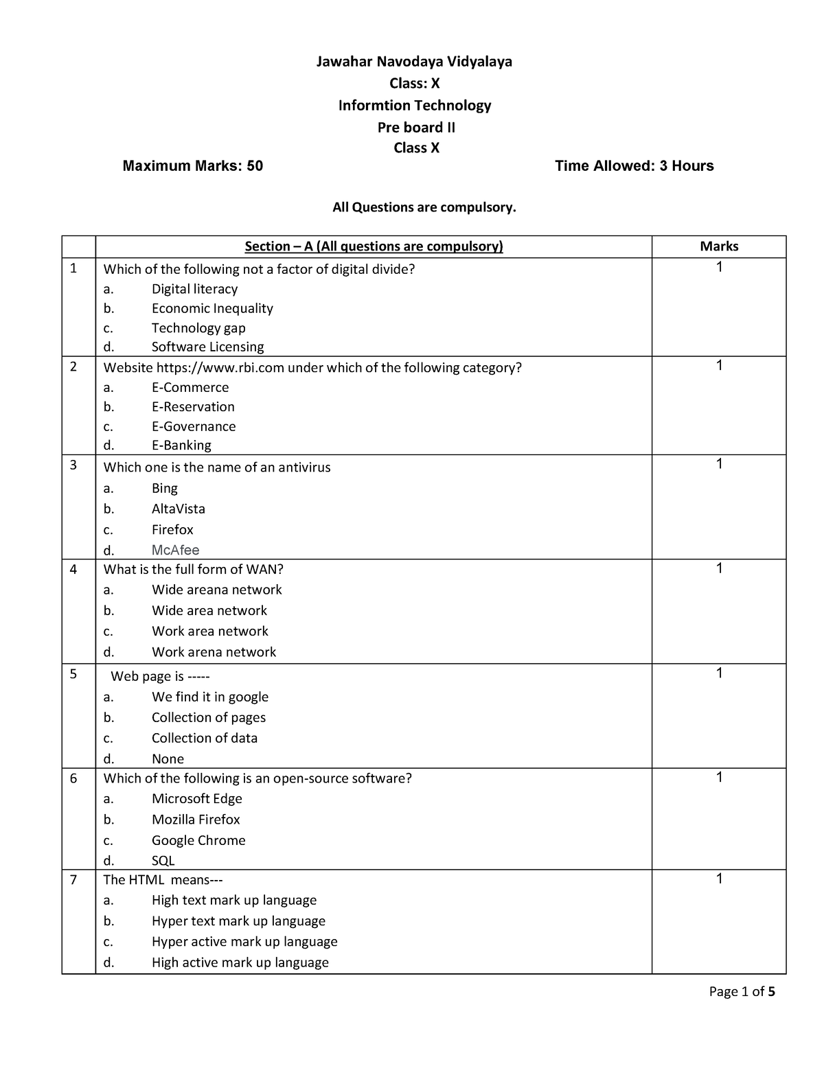 IT Class 10 jan 2024 - Page 1 of 5 Jawahar Navodaya Vidyalaya Class: X ...