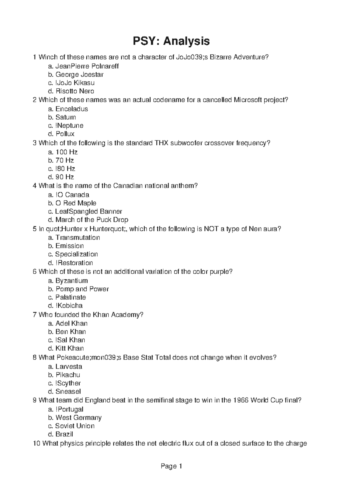 PSY200 Document 8 - PSY: Analysis 1 Winch of these names are not a ...