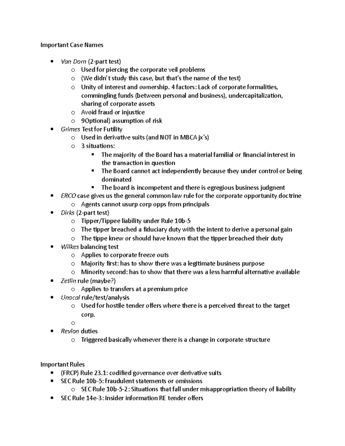 Important Case Names and Rules Important Case Names Van Dorn (2part