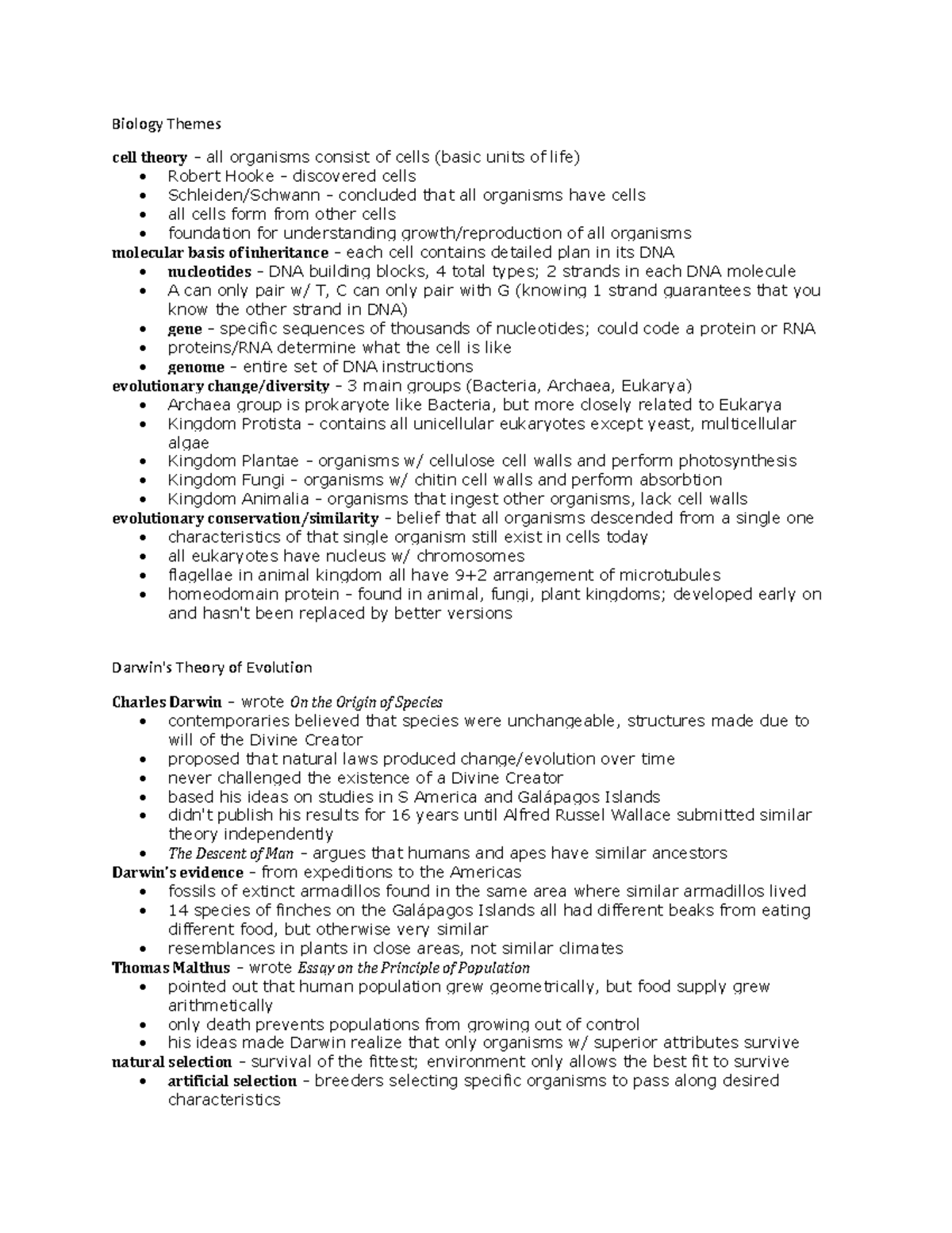 Bio C1 - Lecture notes 1 - Biology Themes cell theory - all organisms ...