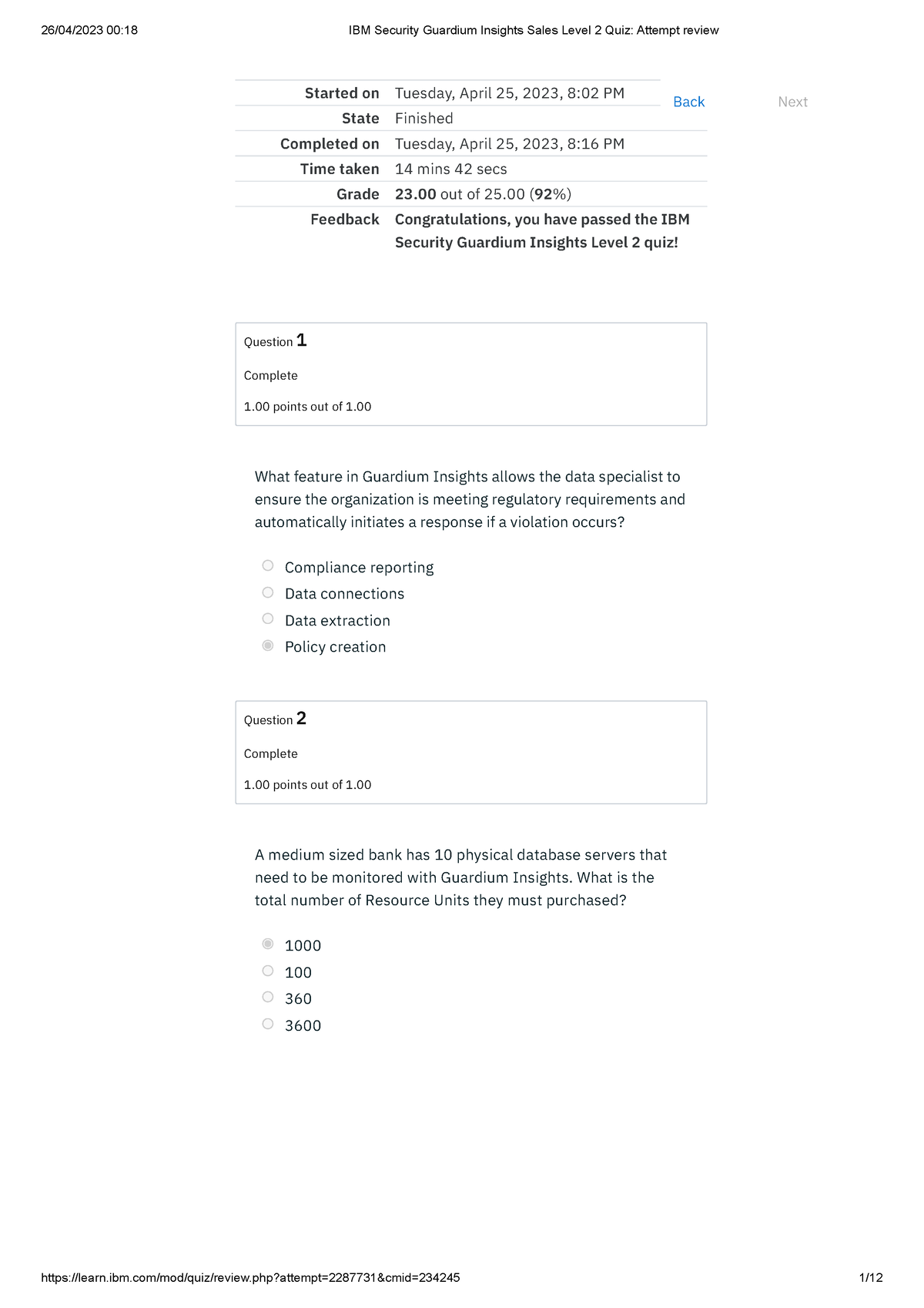 IBM Security Guardium Insights Sales Level 2 Quiz Attempt review ...