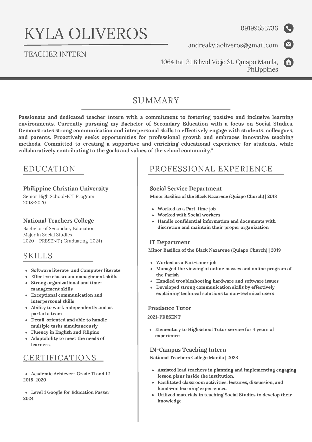 Oliveros Resume - SUMMARY EDUCATION PROFESSIONAL EXPERIENCE SKILLS ...