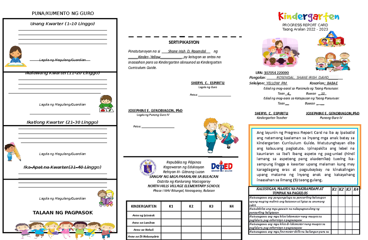 Nhves Kinder Report Card Tagalog PUNA/KUMENTO NG GURO Unang Kwarter