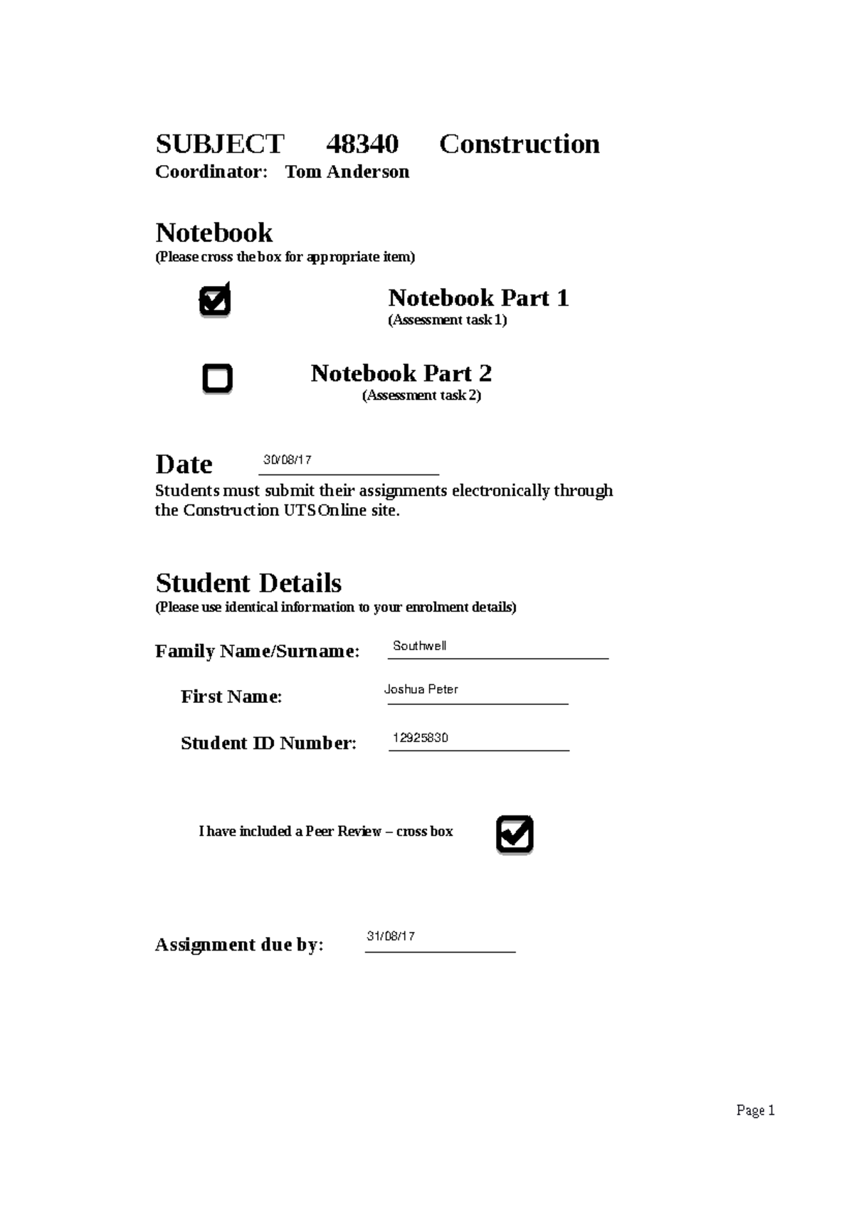 Notebook 1 Submission - SUBJECT 48340 Construction ####### Coordinator ...