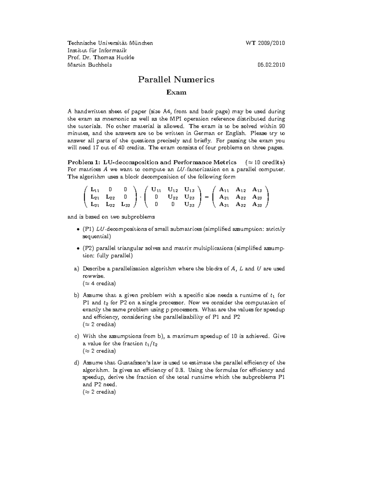 Exam0910 - Exam WS 09/10 - Parallele numerics - TUM - Studocu