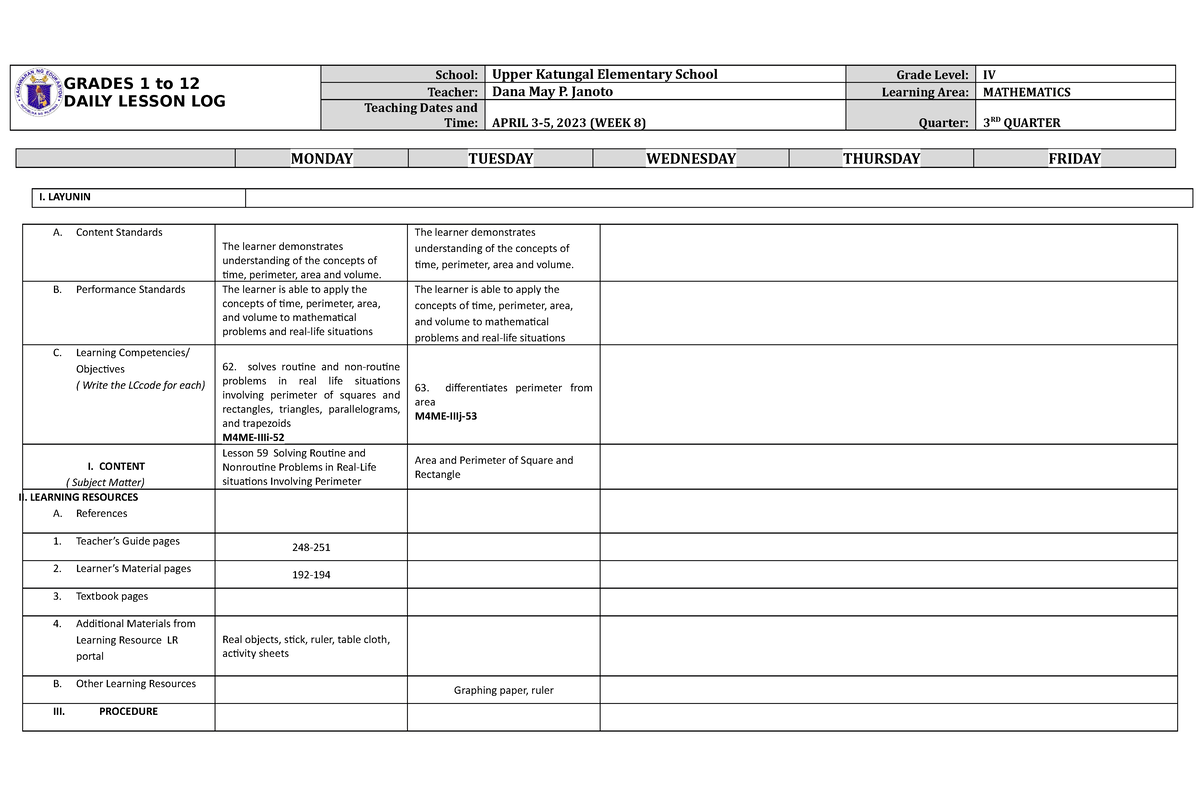 DLL Mathematics 4 Q3 W8 - For lecture purposes - GRADES 1 to 12 DAILY ...