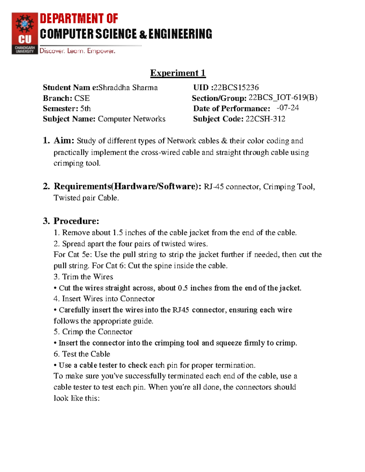 Experiment 1 CN - practical file - DEPARTMENT OF COMPUTER SCIENCE ...