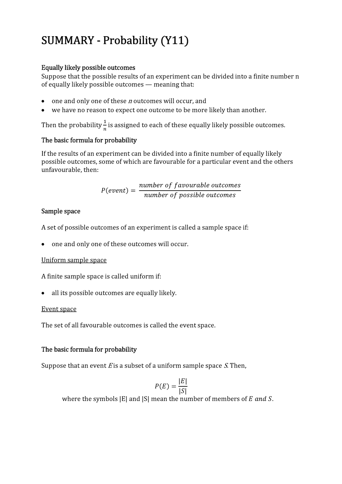 Summary - Probability (Y11) - Equally likely possible outcomes Suppose ...