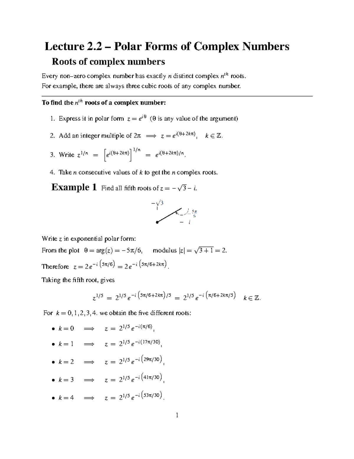 Lecture 2 2 Handout - Lecture 2 – Polar Forms of Complex Numbers Roots ...