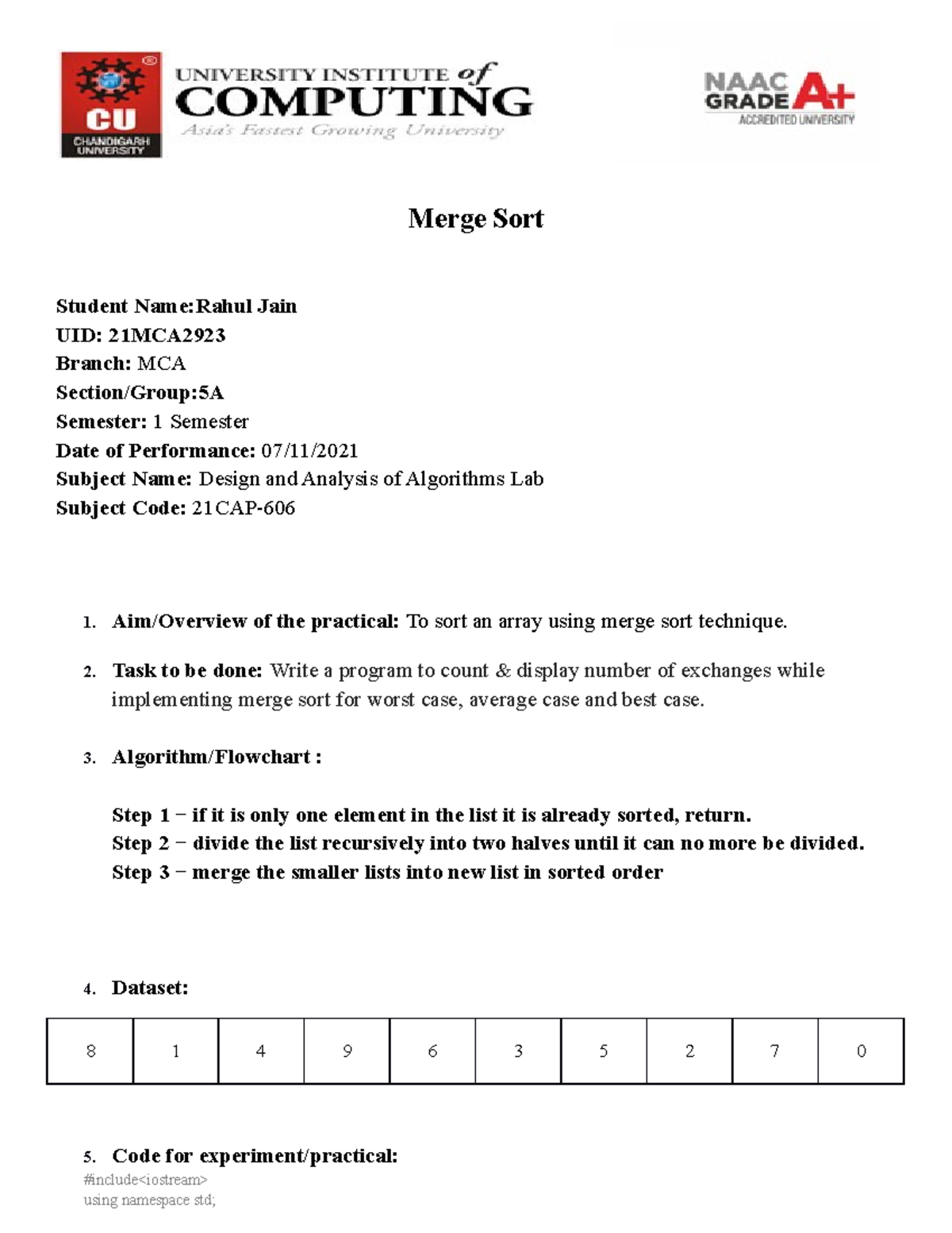 Program for Merge Sort - Master of computer applications - Studocu