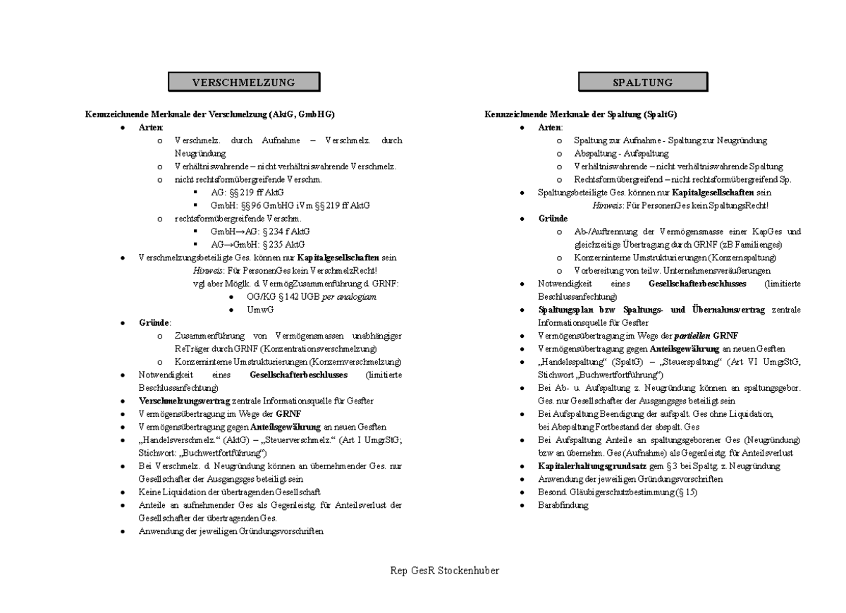 VerschmelzungSpaltungUmwandlung Gesellschaftsrecht VERSCHMELZUNG Kennzeichnende Merkmale der