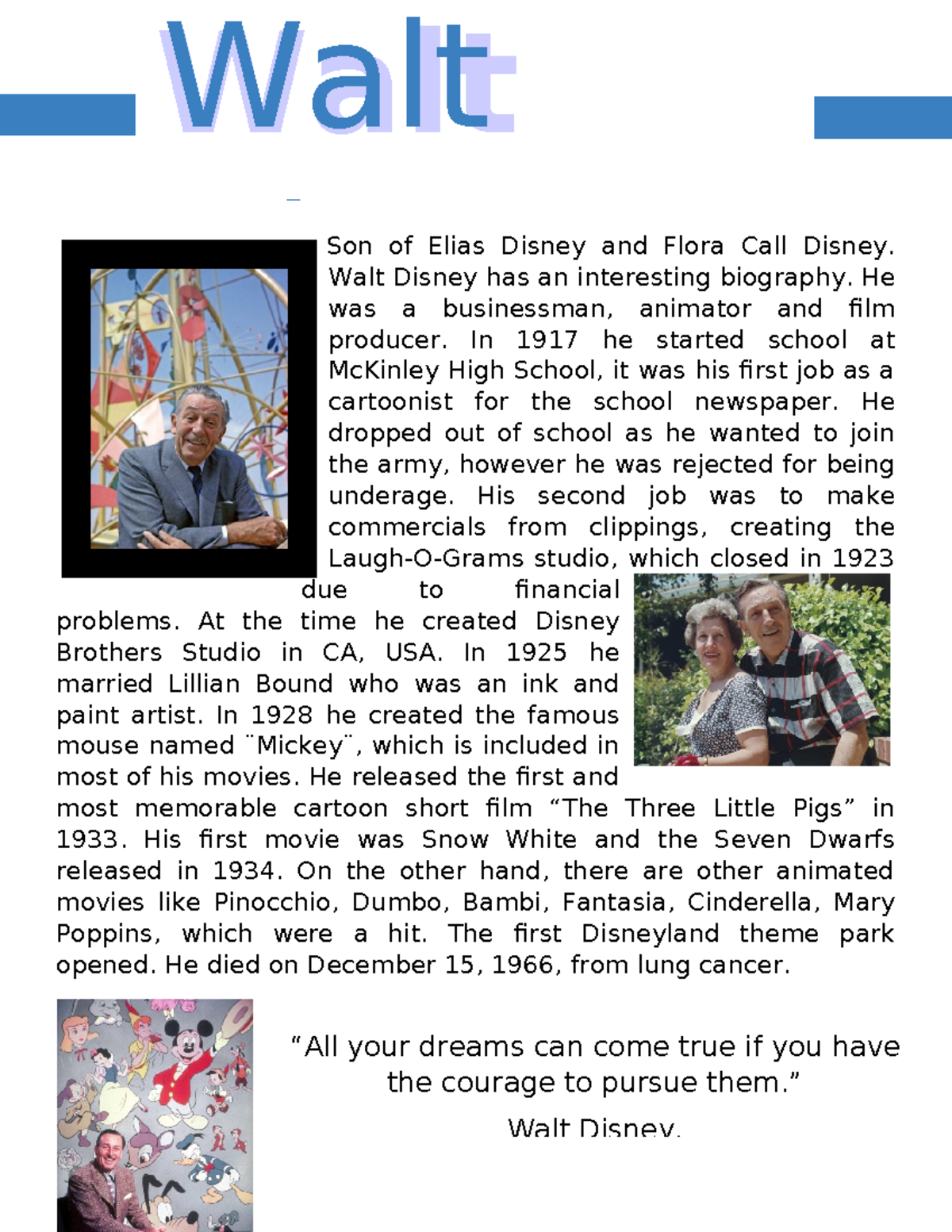 Walt Disney - Son of Elias Disney and Flora Call Disney. Walt Disney ...