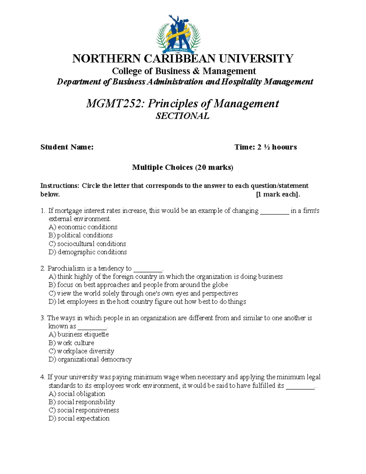 Principles of Management Sectional Abnormal Psychology UWI Mona