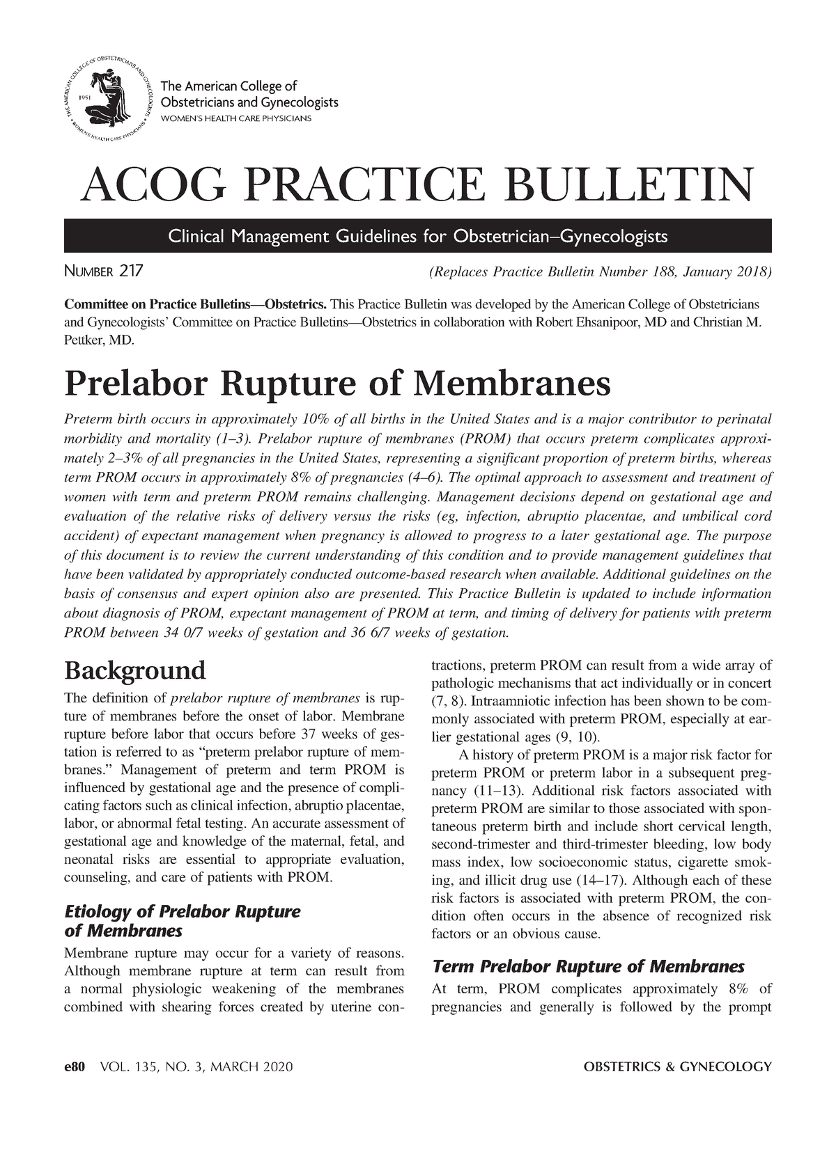 Rpm 2 - RPM - ACOG PRACTICE BULLETIN Clinical Management Guidelines For ...