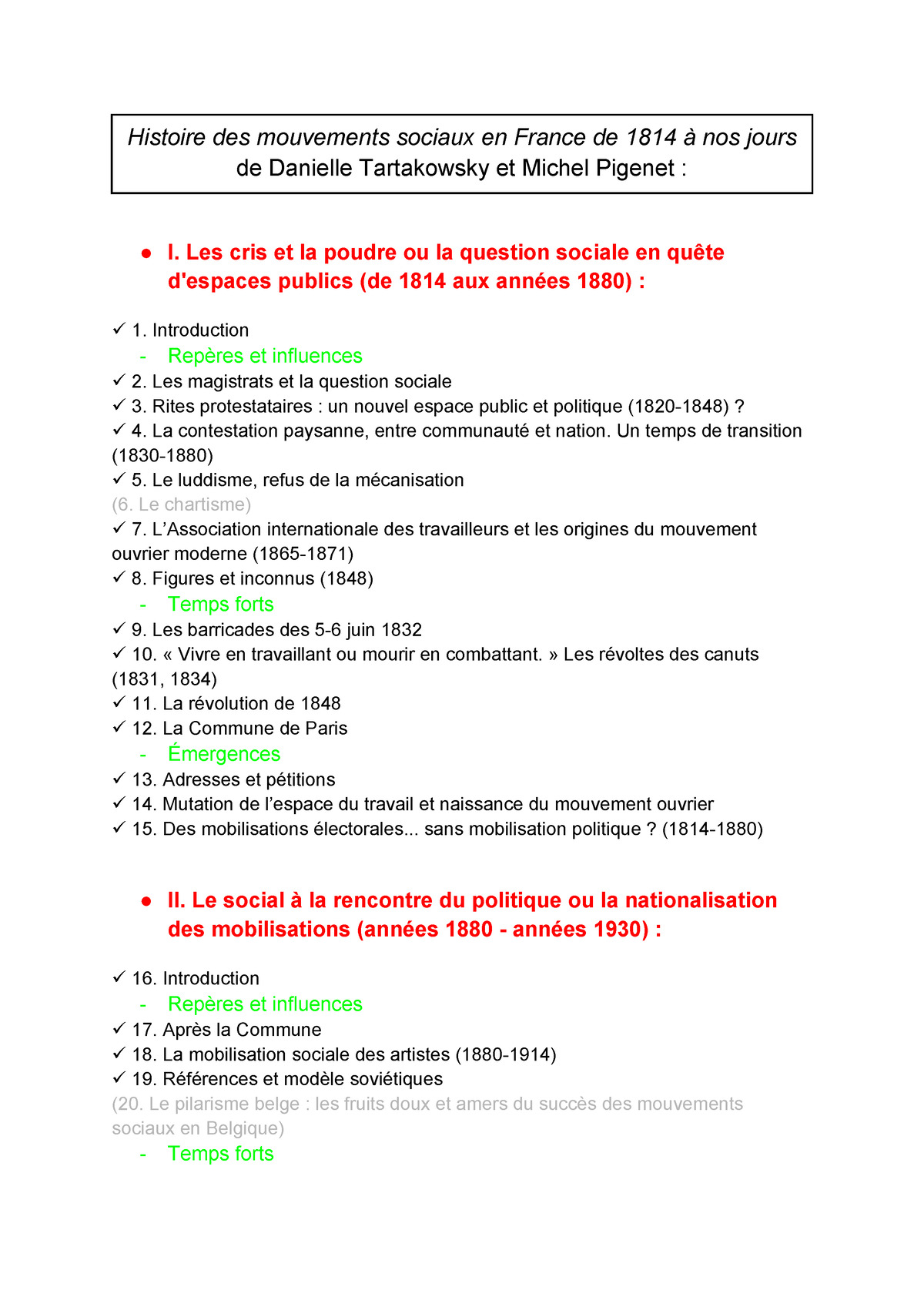 Fiche Histoire Des Mouvements Sociaux De Michel Pigenet Et Danièle ...