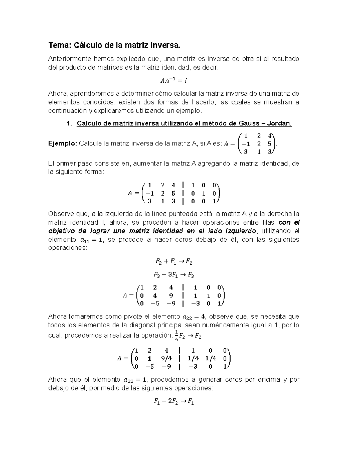 Matriz inversa y método de Gauss Jordan - Corregido - Tema: Cálculo de ...