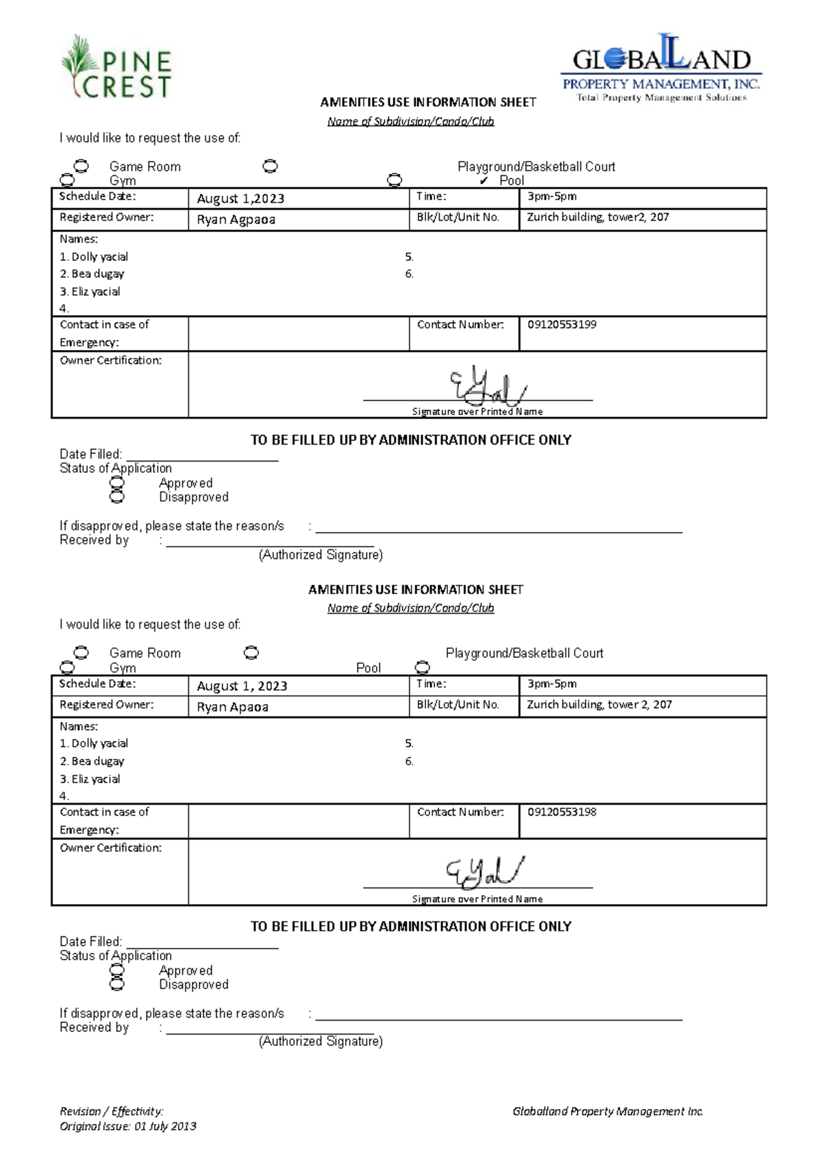 1690610825192984 copy copybmbsns - AMENITIES USE INFORMATION SHEET Name ...