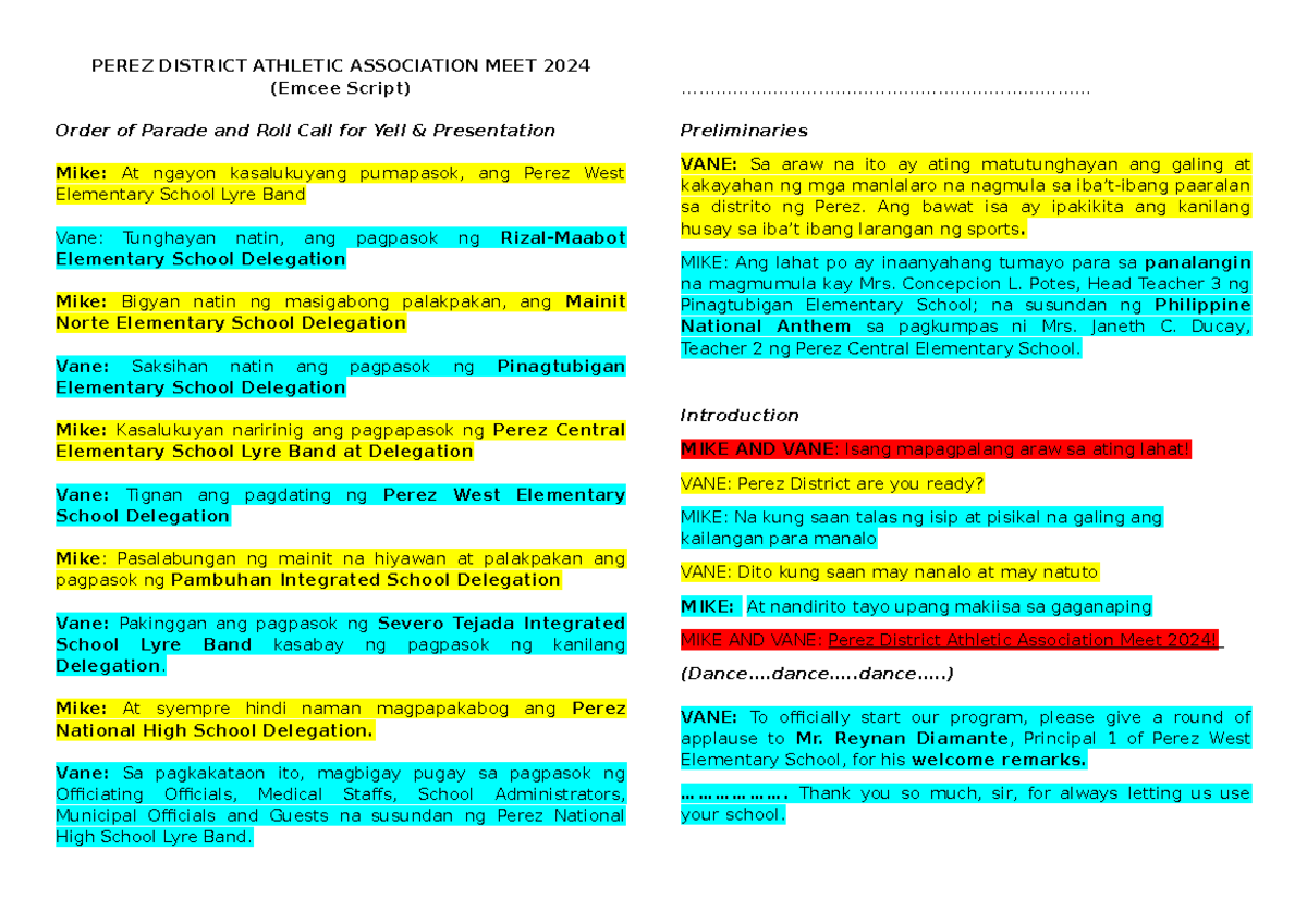 District Athletic Association MEET 2024 Script - PEREZ DISTRICT ...