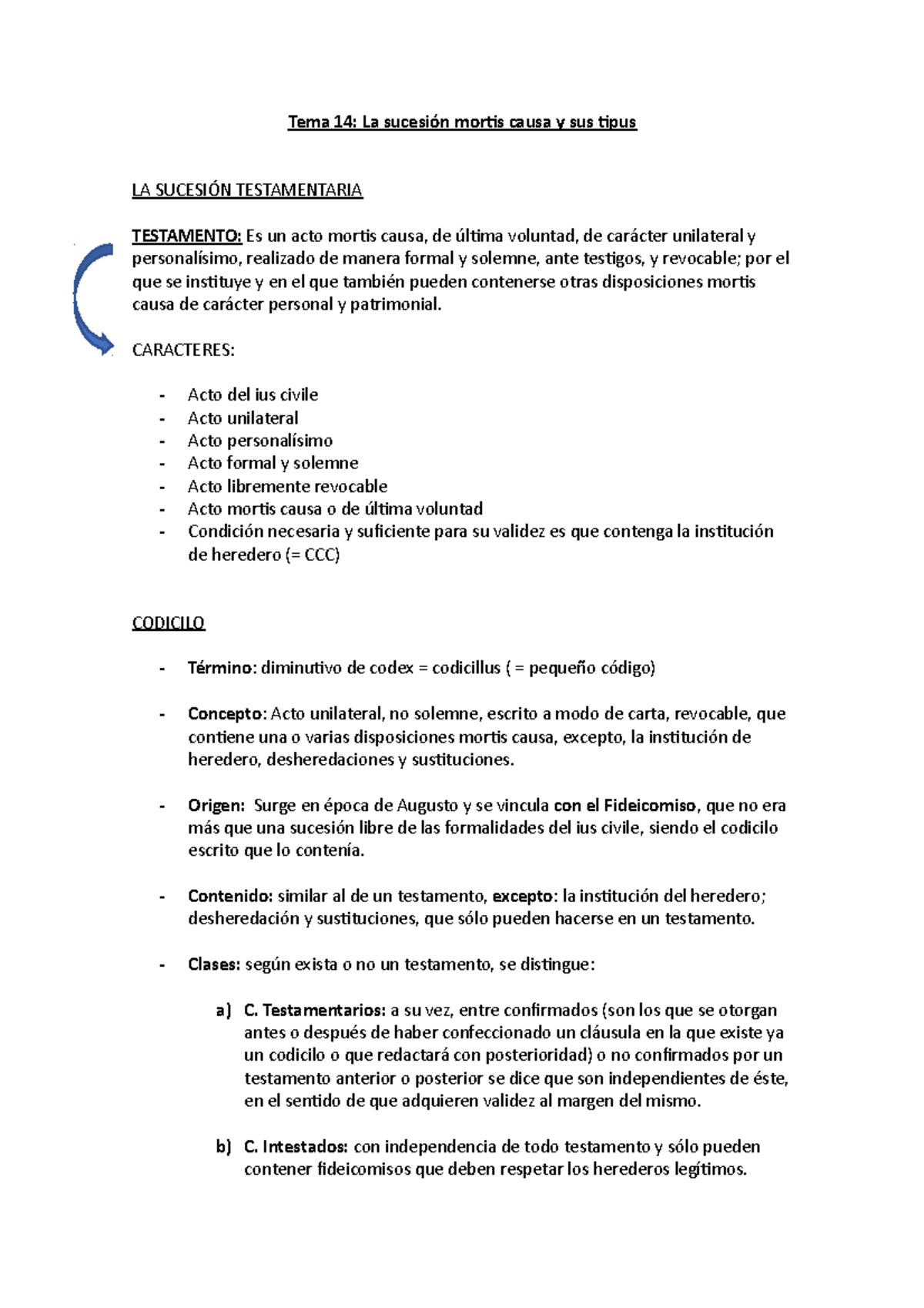 Tema 14: La Sucesión Mortis Causa Y Sus Tipos - CARACTERES: - Acto Del ...