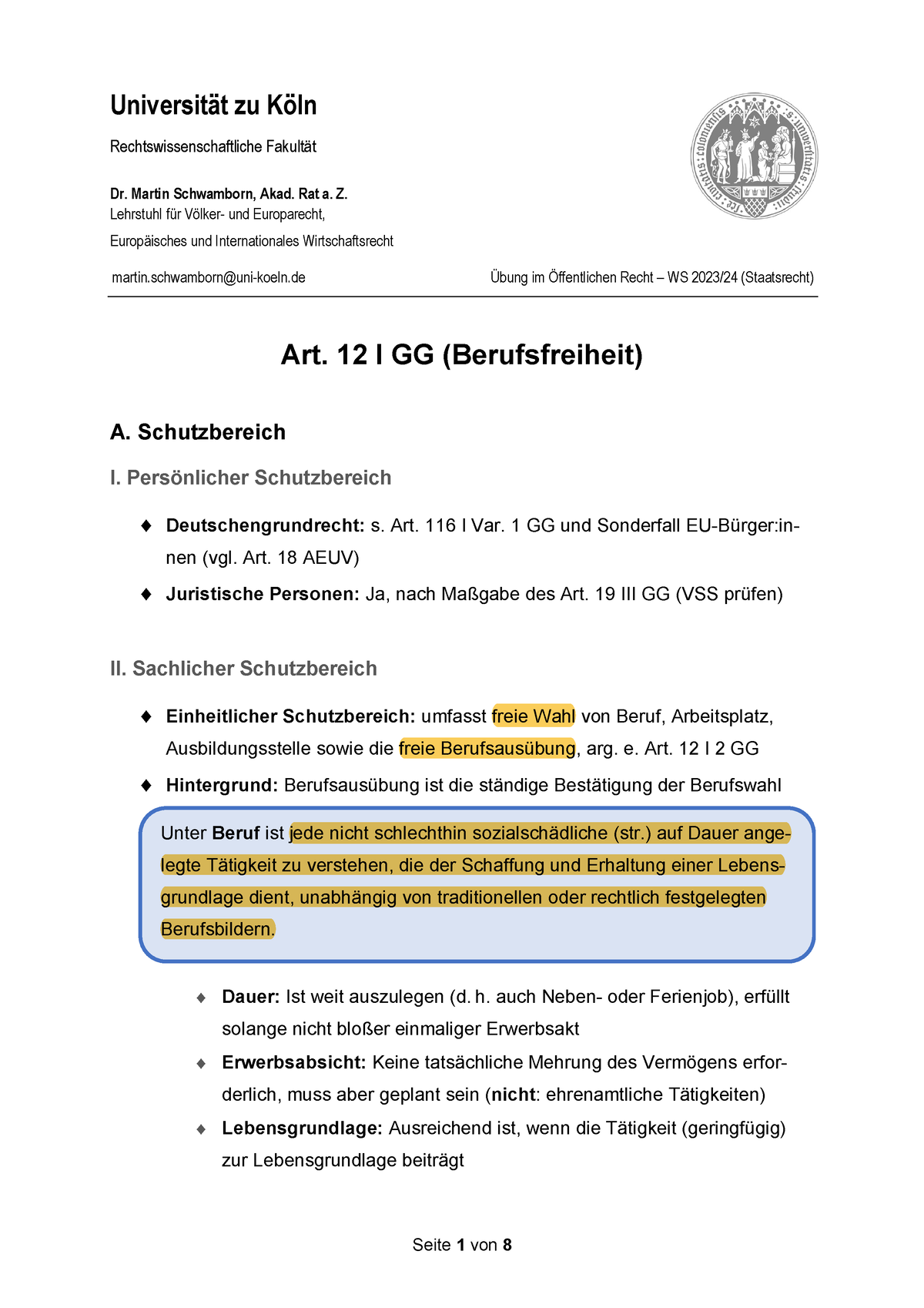 Art. 12 GG - Zusammenfassung Vertiefung Grundrechte - Universität Zu ...