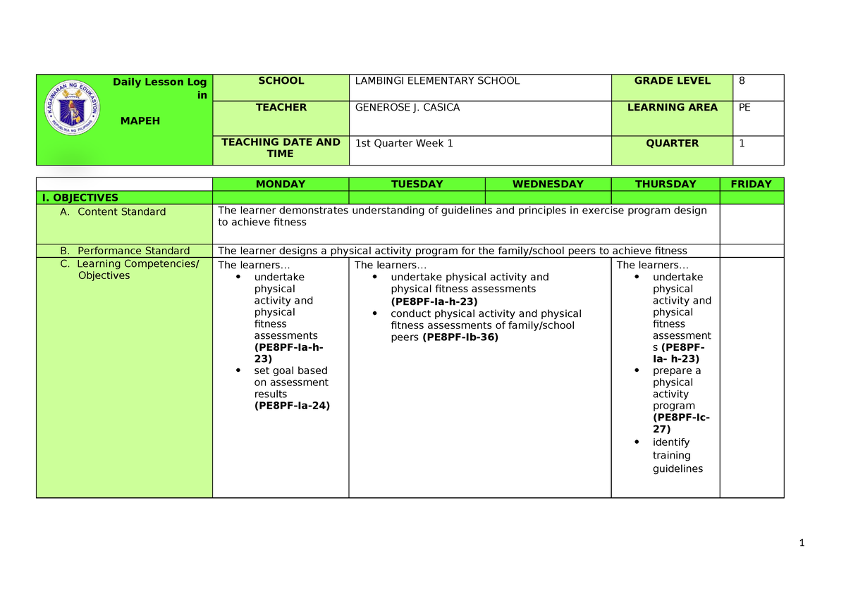 Q1 Grade 8 PE DLL Week 1 - Dll mapeh 8 - Daily Lesson Log in MAPEH ...