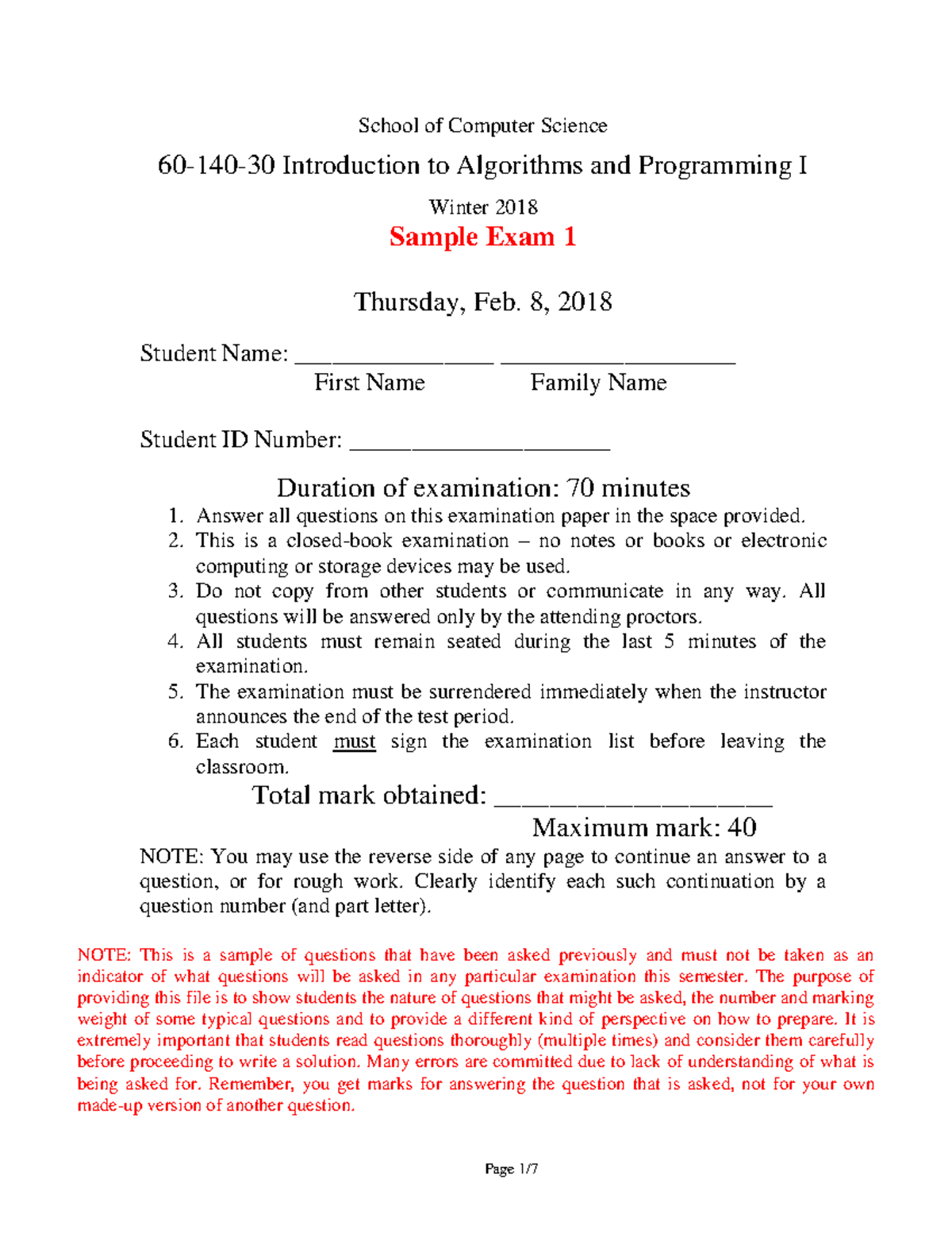 Midterm Exam 2018, Questions And Answers - School Of Computer Science ...