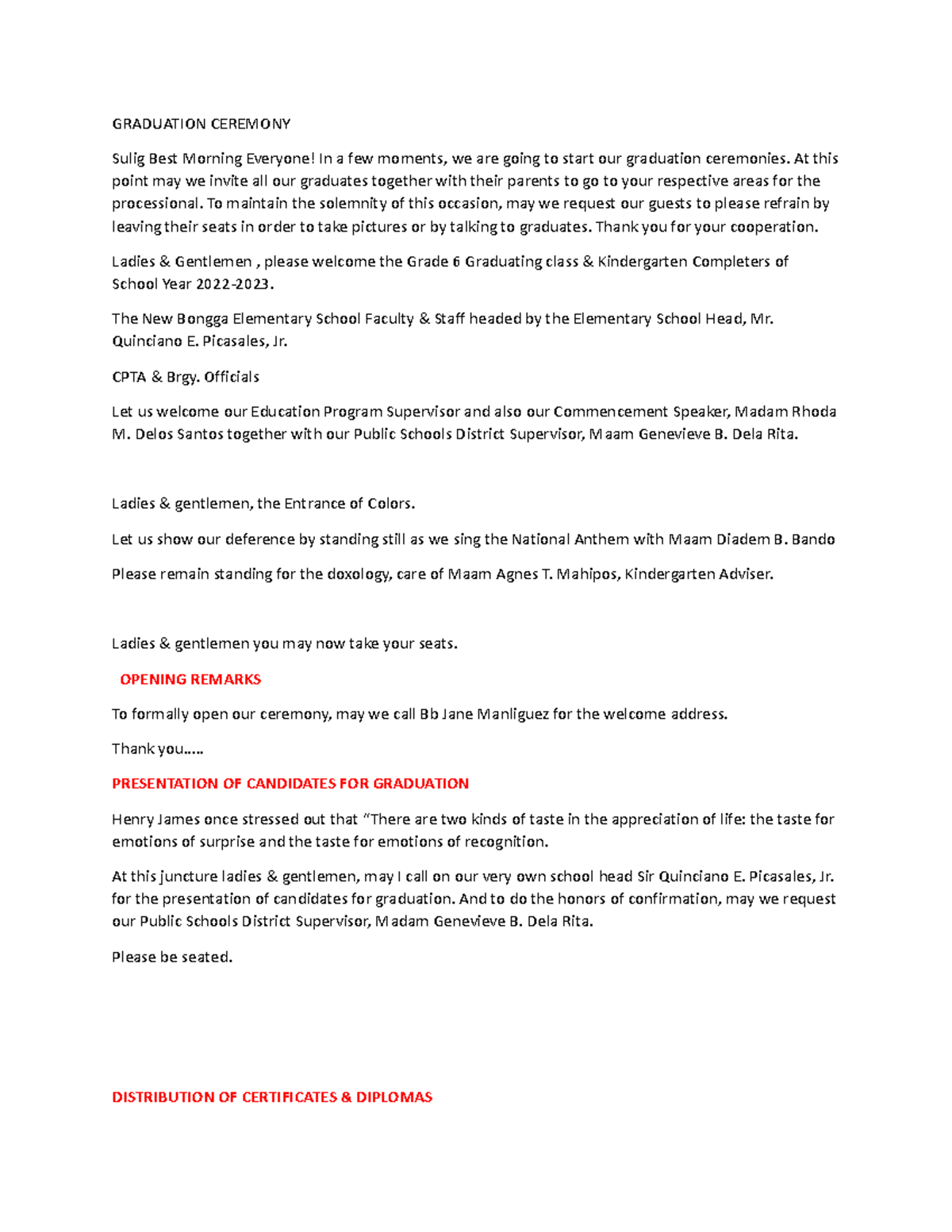 Graduation Ceremony Script
