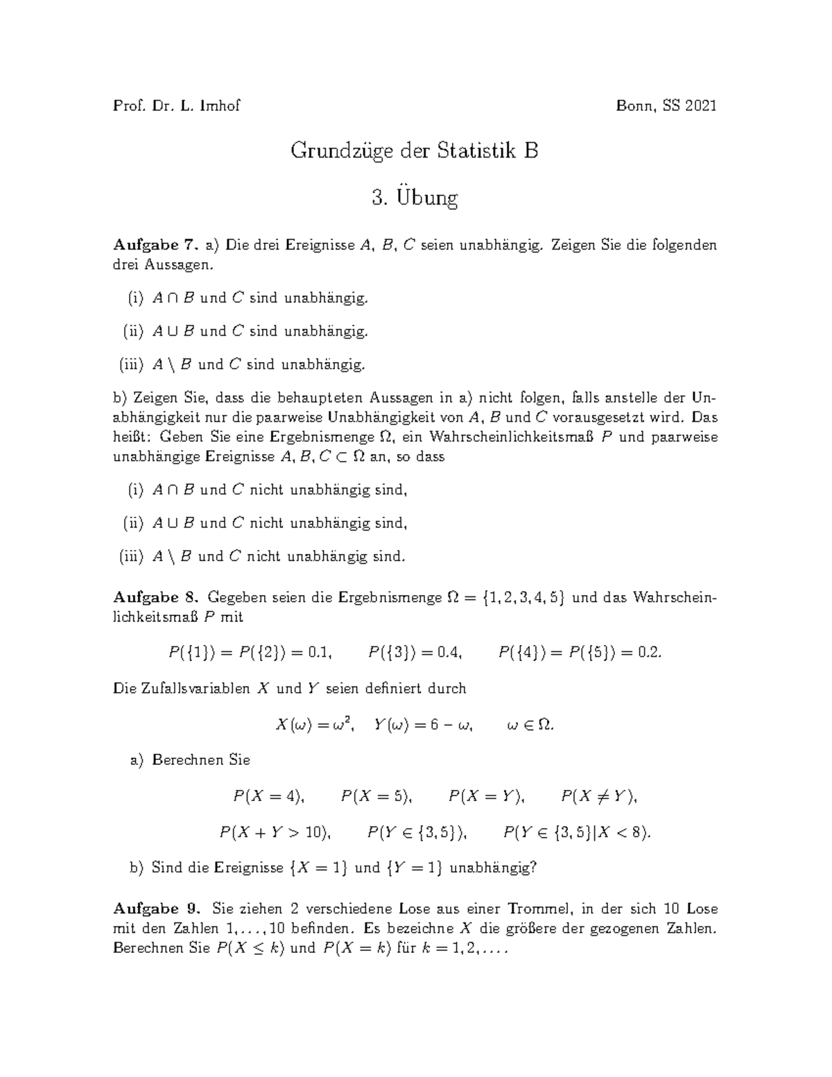 Statistik B—Übung 3 - Prof. Dr. L. Imhof Bonn, SS 2021 Grundz ̈uge Der ...