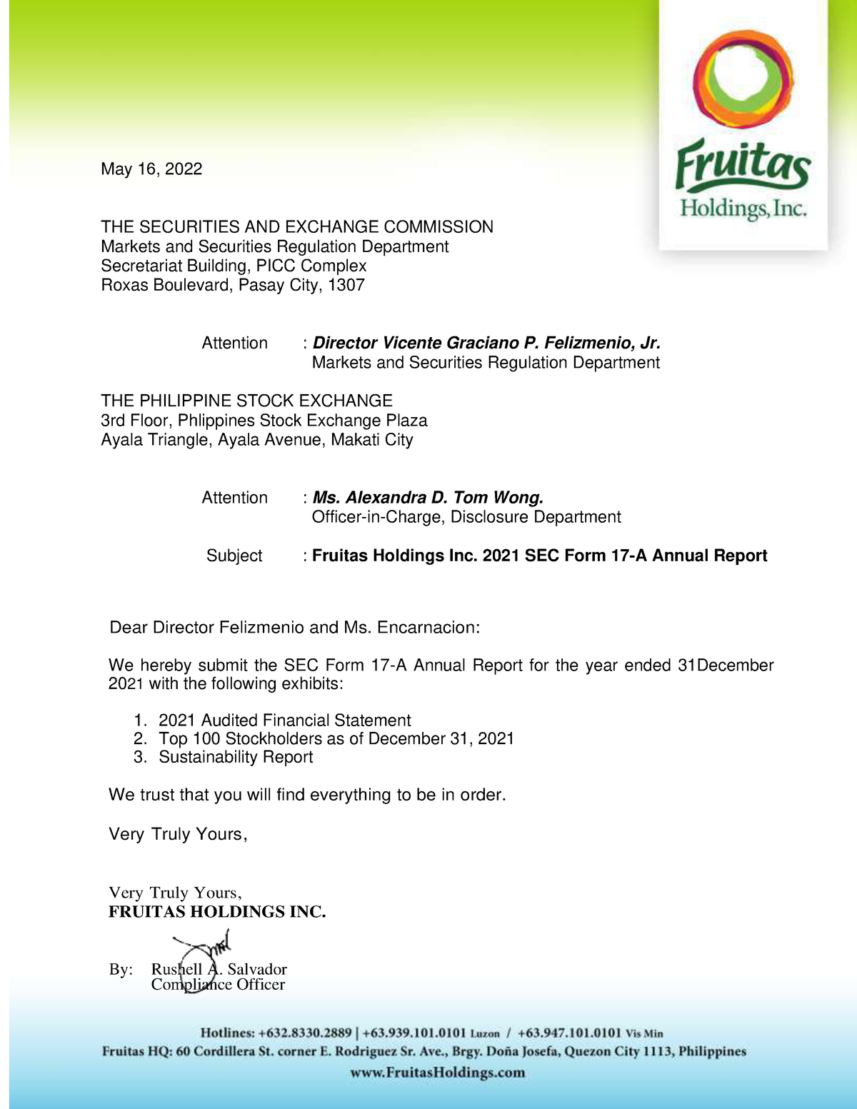 Fruitas Holdings, Inc. - Annual Report - May 1 6 , 2022 THE SECURITIES ...