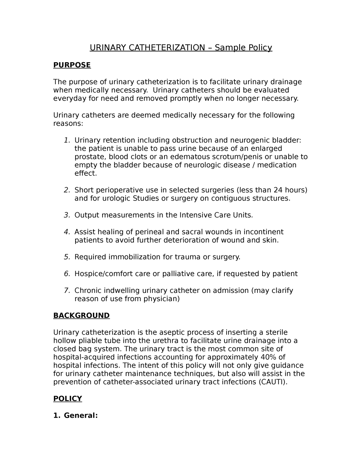 5 Sample UrinaryCatheterizationPolicy URINARY CATHETERIZATION