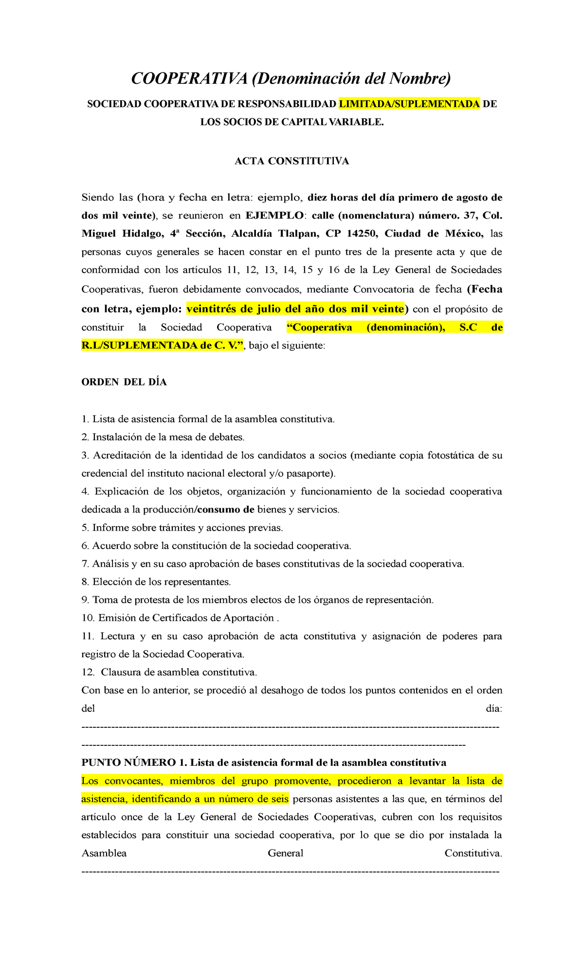 Acta Constitutiva Sociedad Cooperativa Formato - COOPERATIVA (Denominación  del Nombre) SOCIEDAD - Studocu