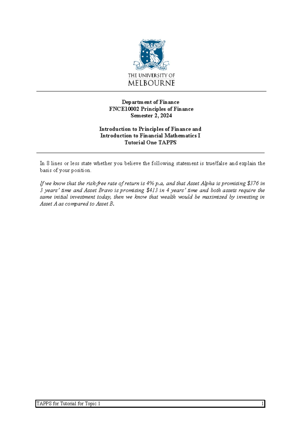 Tutorial 1 Tapps with solution - Department of Finance FNCE10002 ...