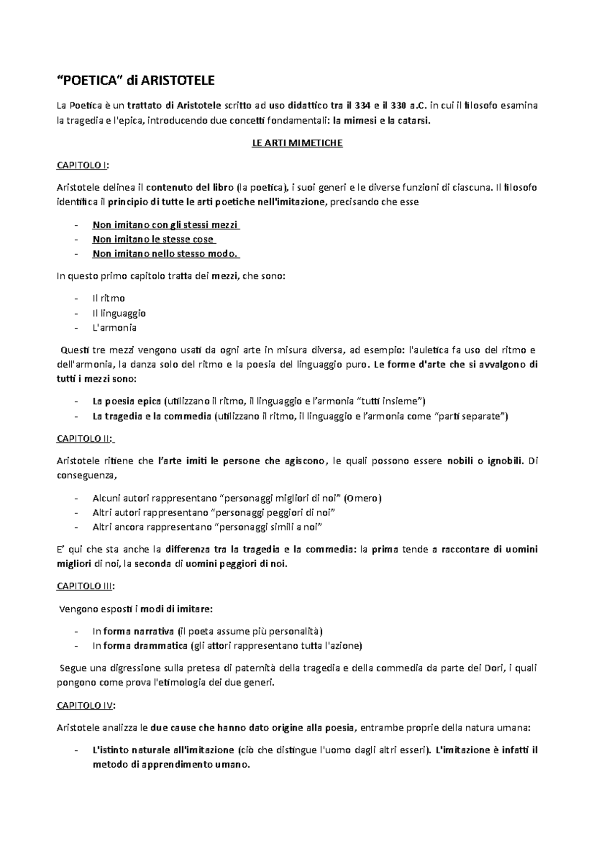 Riassunto Poetica di Aristotele “POETICA” di