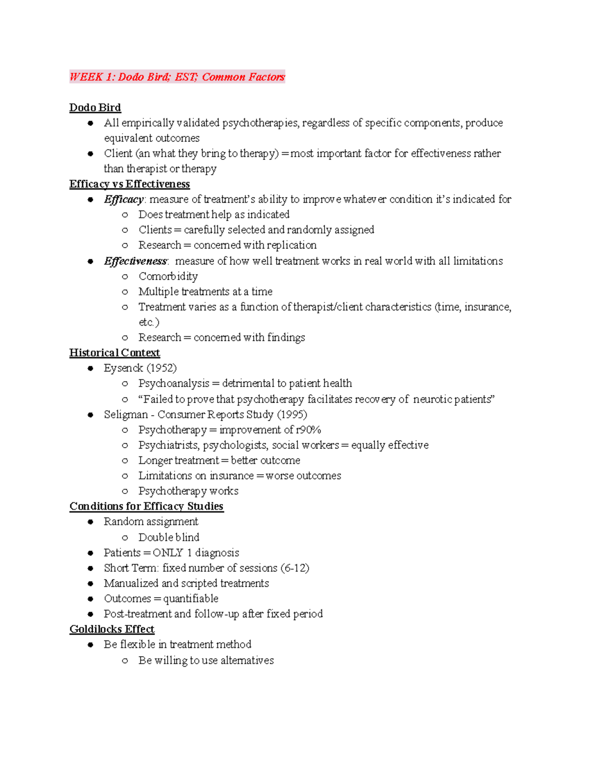 Theories Notes - WEEK 1: Dodo Bird; EST; Common Factors Dodo Bird All ...