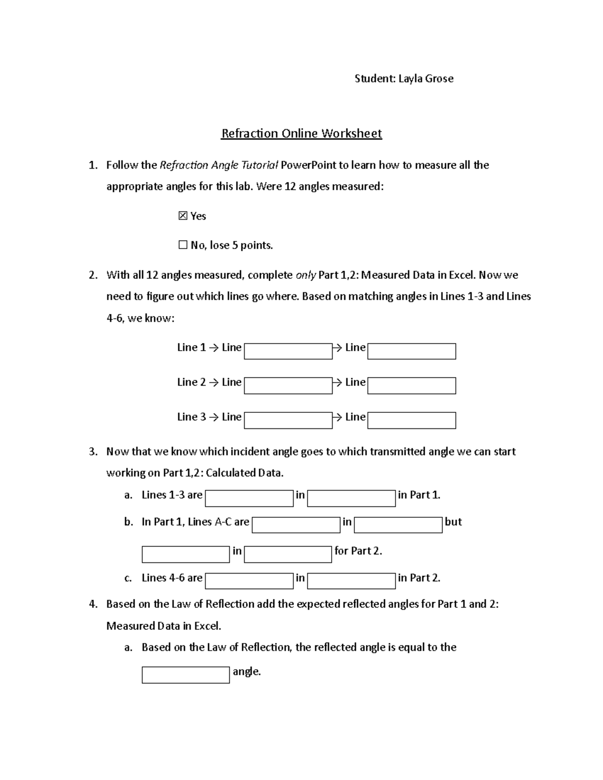 Refraction Online Worksheet LG - Student: Layla Grose Refracion Online ...
