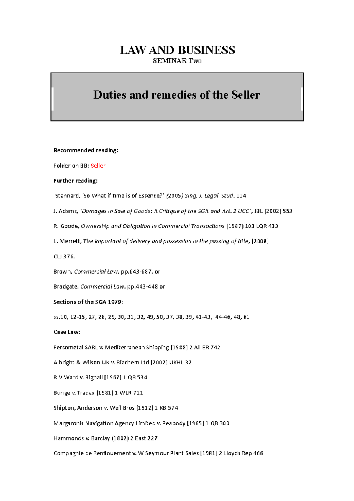 Seminar two final LAW AND BUSINESS SEMINAR Two Duties and remedies of