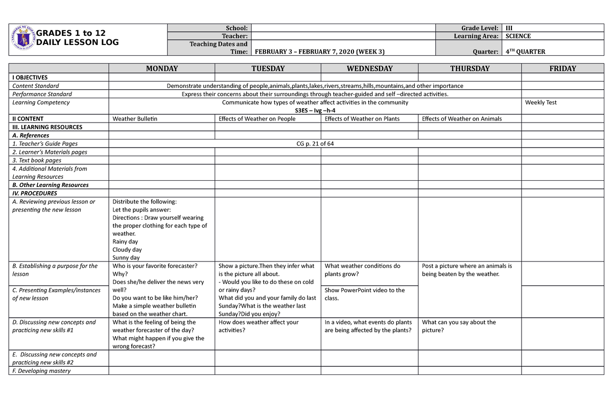 DLL Science 3 Q4 W3 - lesson plan - GRADES 1 to 12 DAILY LESSON LOG ...