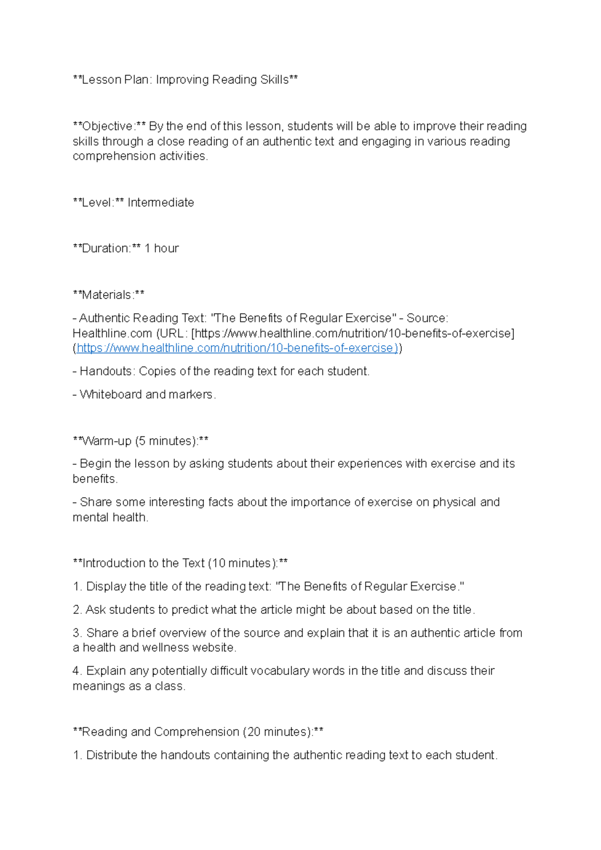 Lesson Plan for mosie Lesson Plan Improving Reading Skills Objective